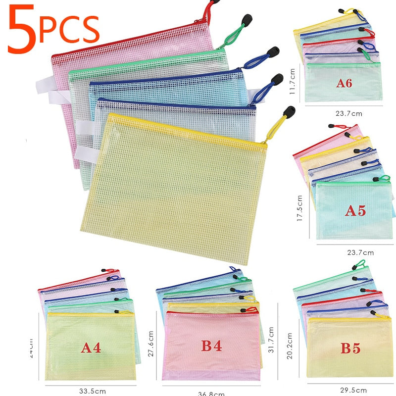 5PCS Stationery Storage Folder File Mesh Zipper Pouch A4 A5 A6 B4 B5 A3 B4 Document Bag Zip File Folders School Office Supplies