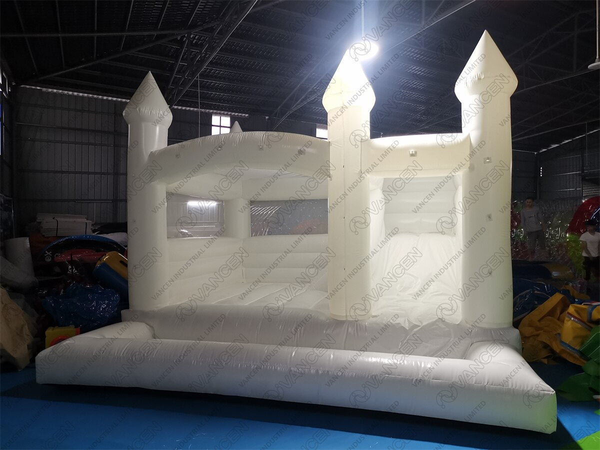 13x13ft / 15x13ft Inflatable White Bounce Houses With Slide And Ball Pit White Bounce Castle Air Bouncer Combo